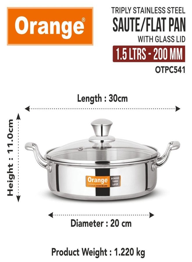 Orange Triply Stainless Steel Fry Pan/Saute Pan/Flat Pan with Glass Lid (Fry Pan 20cm) 1.5 Litre Capacity | Induction Friendly | 2.5 mm Thickness | Heavy Bottom with Cool Touch Handle | Silver - Image 3